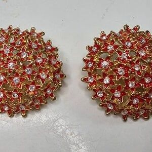 Red Enamel & Clear Glass Gold Tone Clip-On Earrings 1.75"L